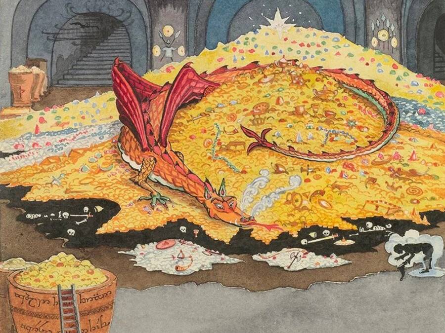 Tolkien's sketch of Smaug hoarding gold